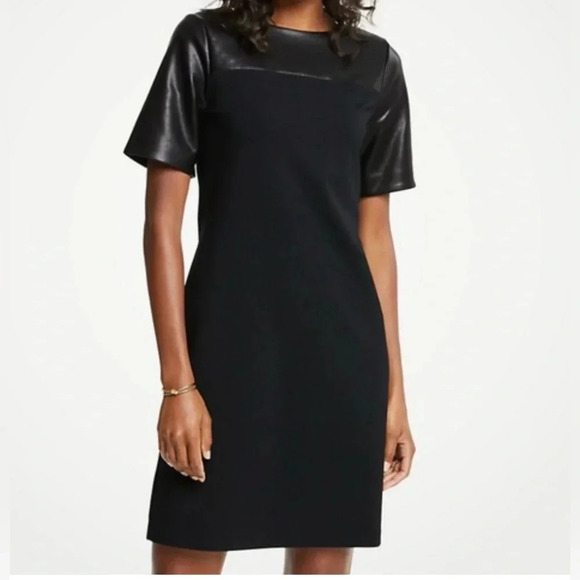 ANN TAYLOR VEGAN LEATHER TOP PONTE KNIT MIDI DRESS EXPOSED BACK ZIPPER NWOT - Picture 1 of 8